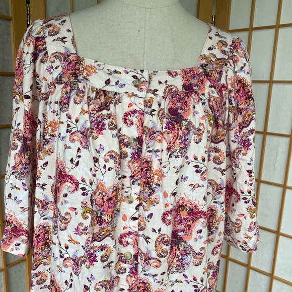 Caffe Marrakech Floral/Bird Print Linen Blend Top SZ L - Picture 4 of 12